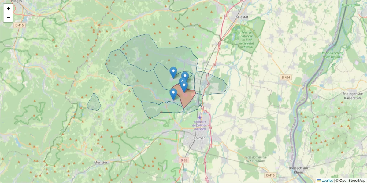 Carte de la zone du code postal  et des codes postaux voisins en France