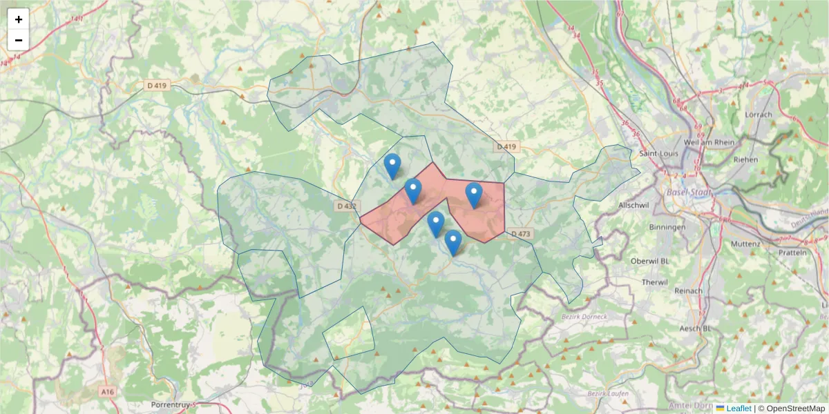 Carte de la zone du code postal  et des codes postaux voisins en France