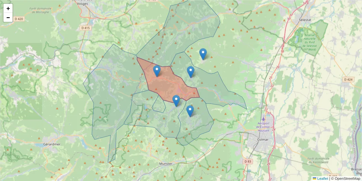 Carte de la zone du code postal  et des codes postaux voisins en France