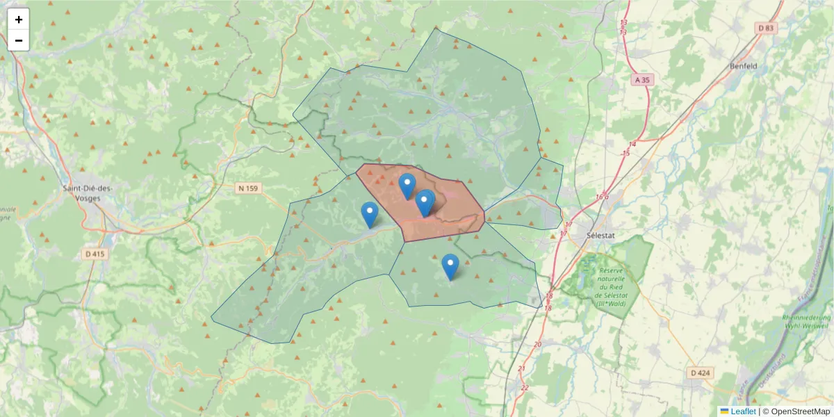 Carte de la zone du code postal  et des codes postaux voisins en France