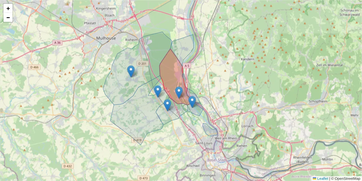 Carte de la zone du code postal  et des codes postaux voisins en France