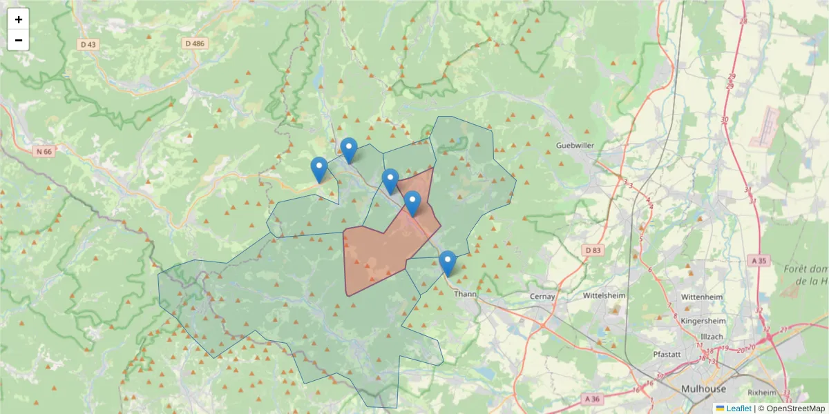 Carte de la zone du code postal  et des codes postaux voisins en France