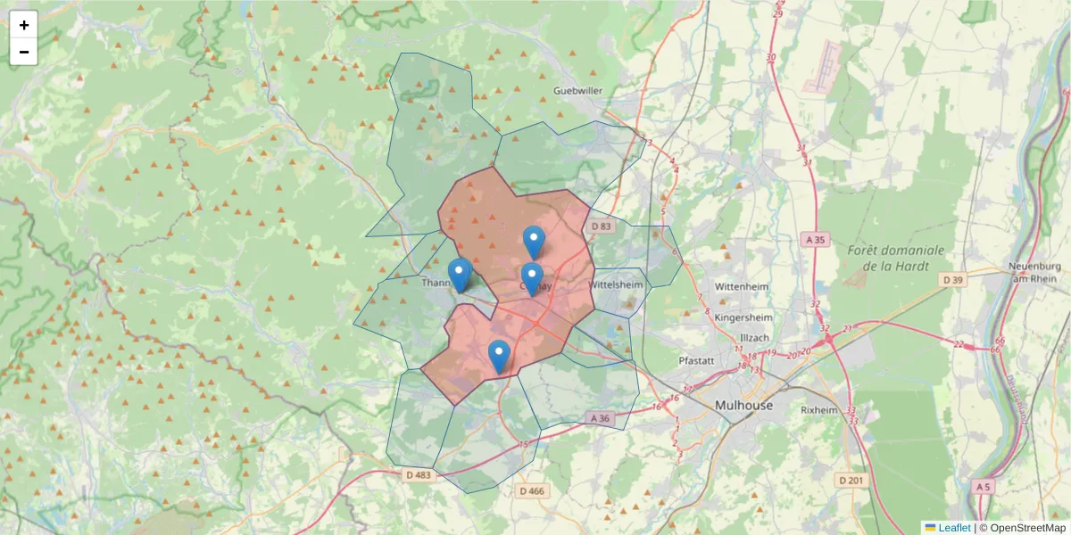 Carte de la zone du code postal  et des codes postaux voisins en France