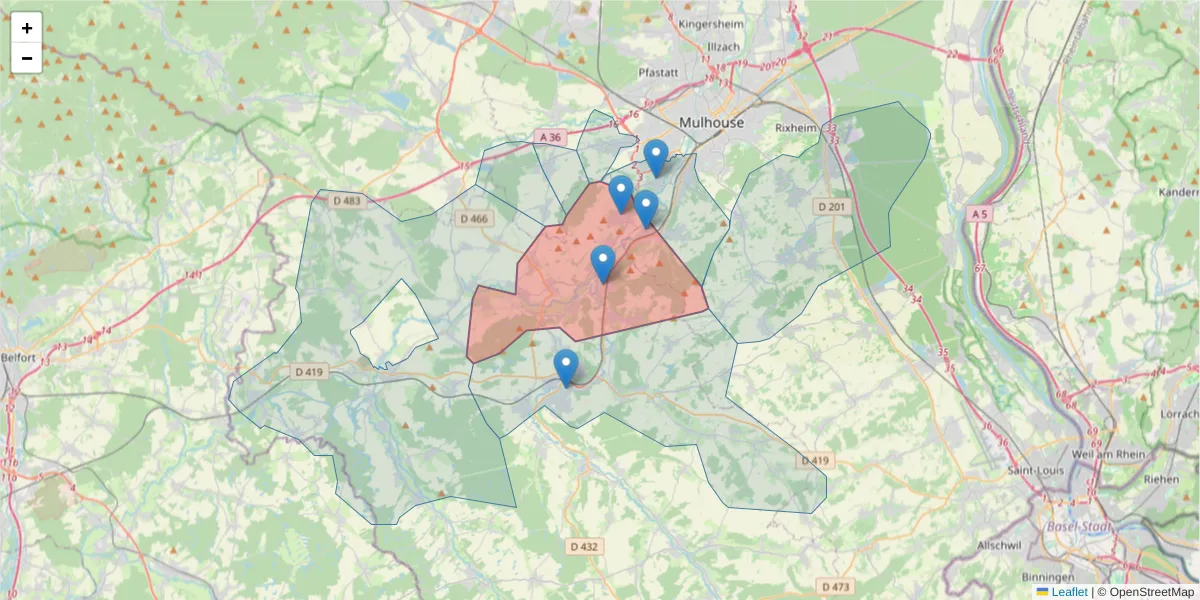 Carte de la zone du code postal  et des codes postaux voisins en France
