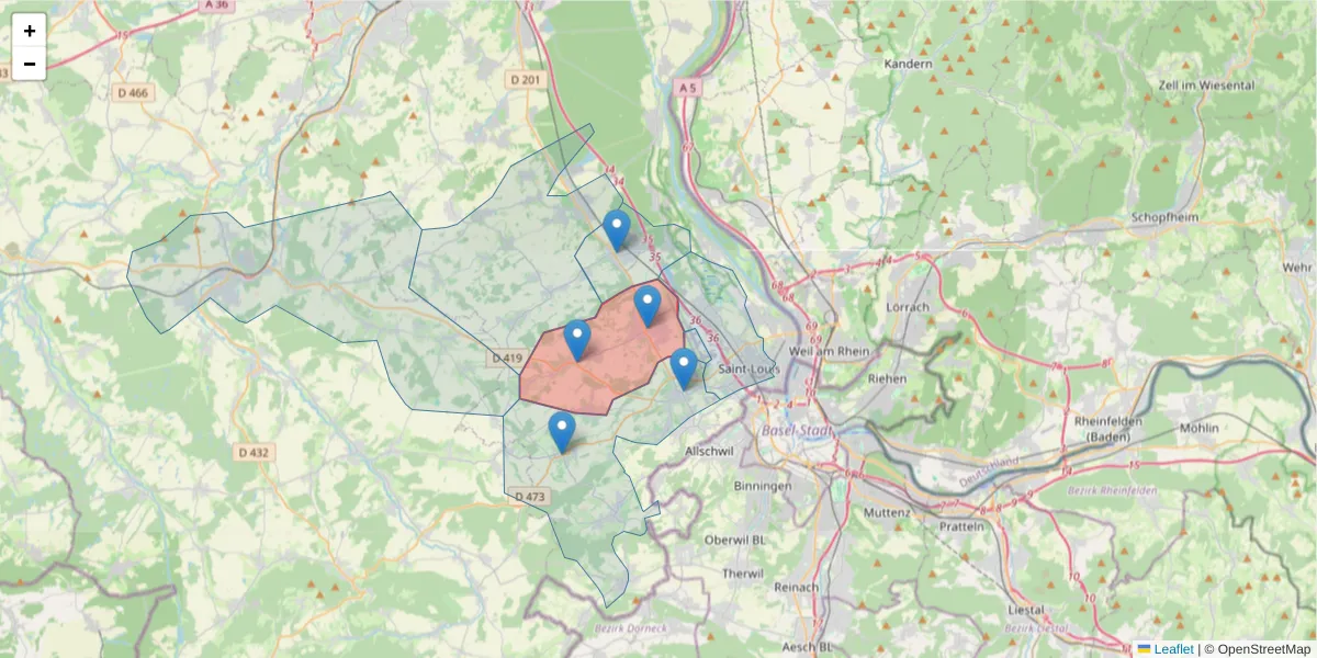 Carte de la zone du code postal  et des codes postaux voisins en France
