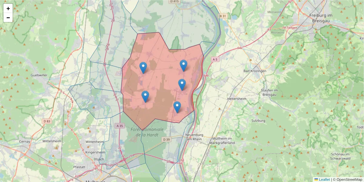 Carte de la zone du code postal  et des codes postaux voisins en France