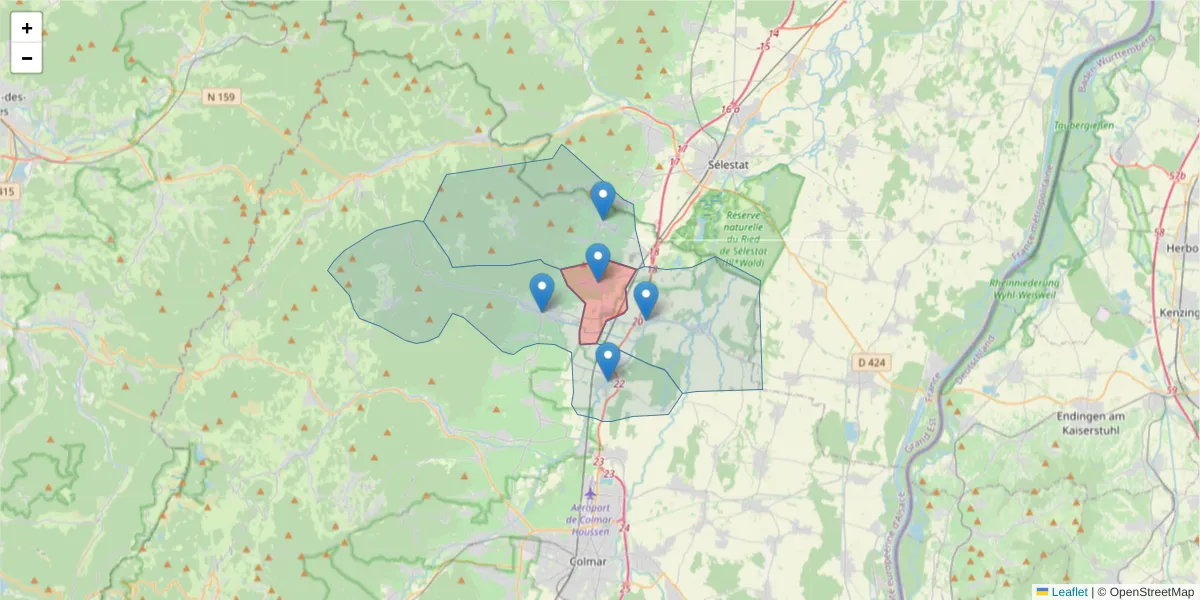 Carte de la zone du code postal  et des codes postaux voisins en France