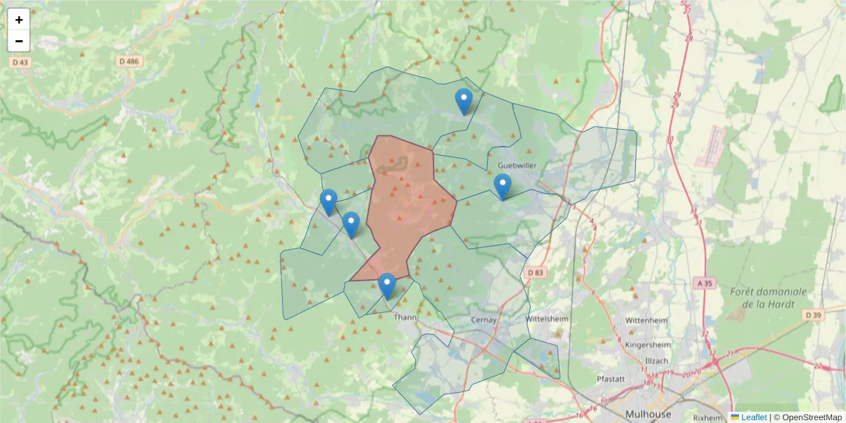 Carte de la zone du code postal  et des codes postaux voisins en France