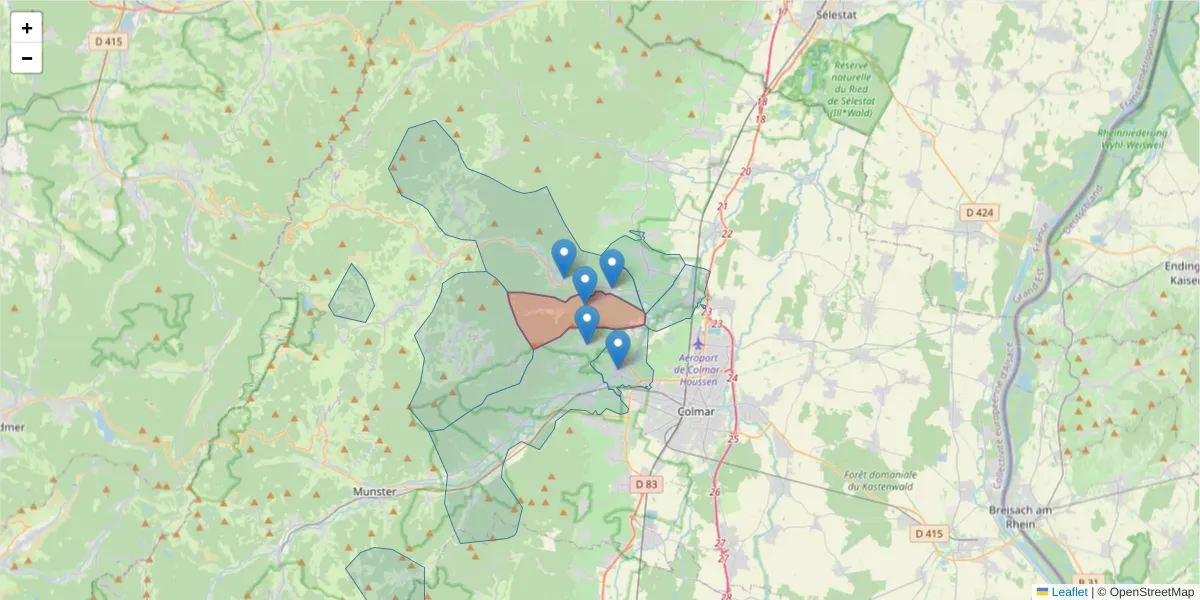 Carte de la zone du code postal  et des codes postaux voisins en France