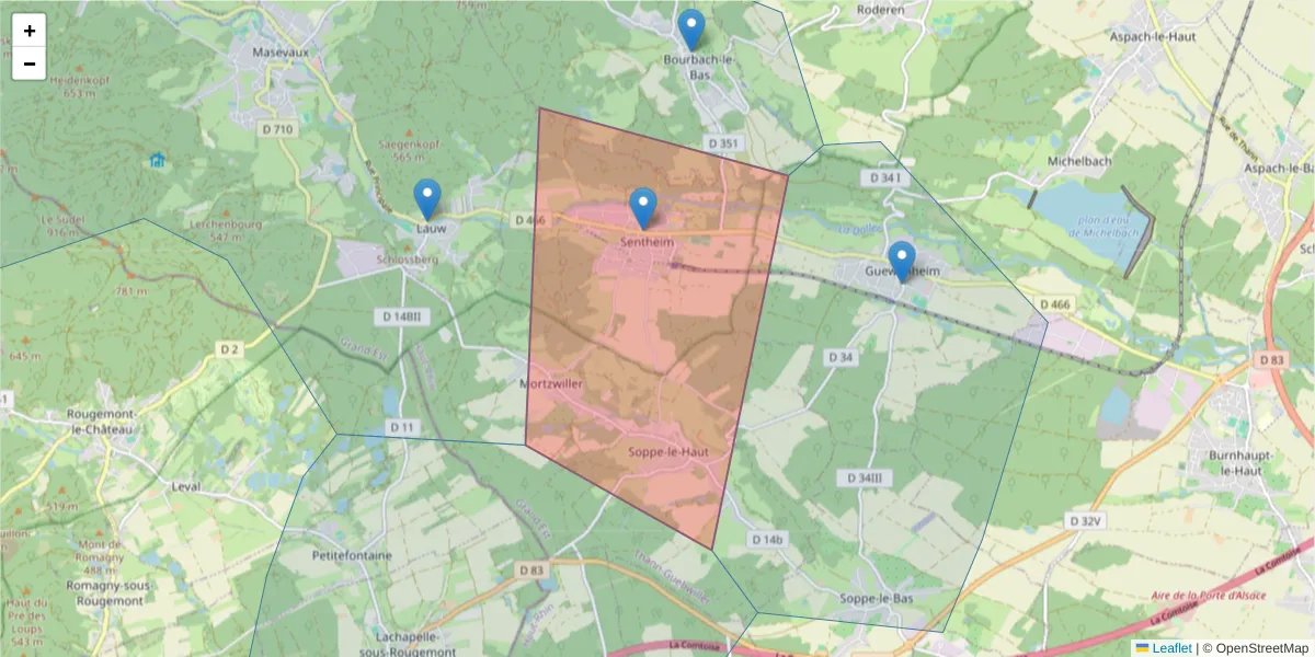 Carte de la zone du code postal  et des codes postaux voisins en France