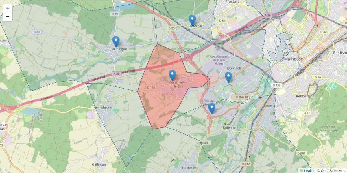 Carte de la zone du code postal  et des codes postaux voisins en France