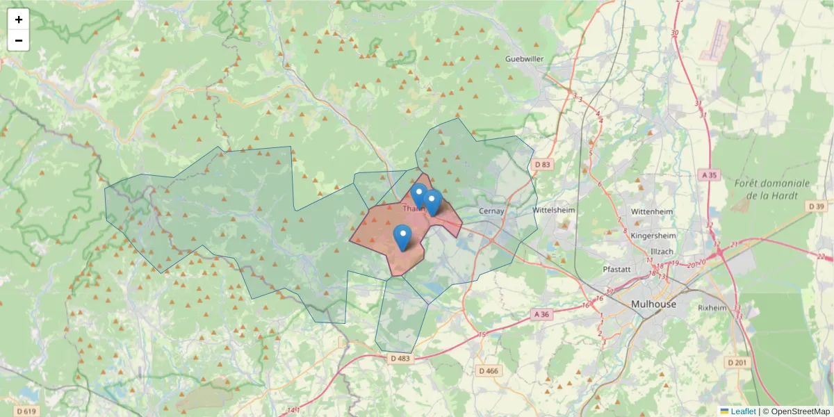 Carte de la zone du code postal  et des codes postaux voisins en France
