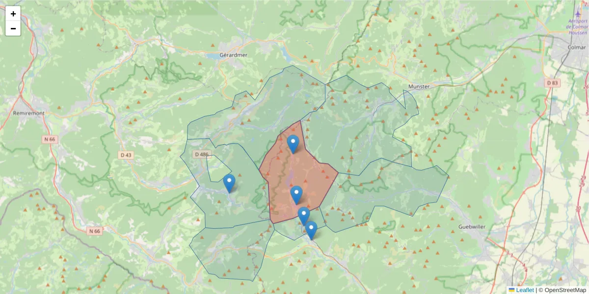 Carte de la zone du code postal  et des codes postaux voisins en France