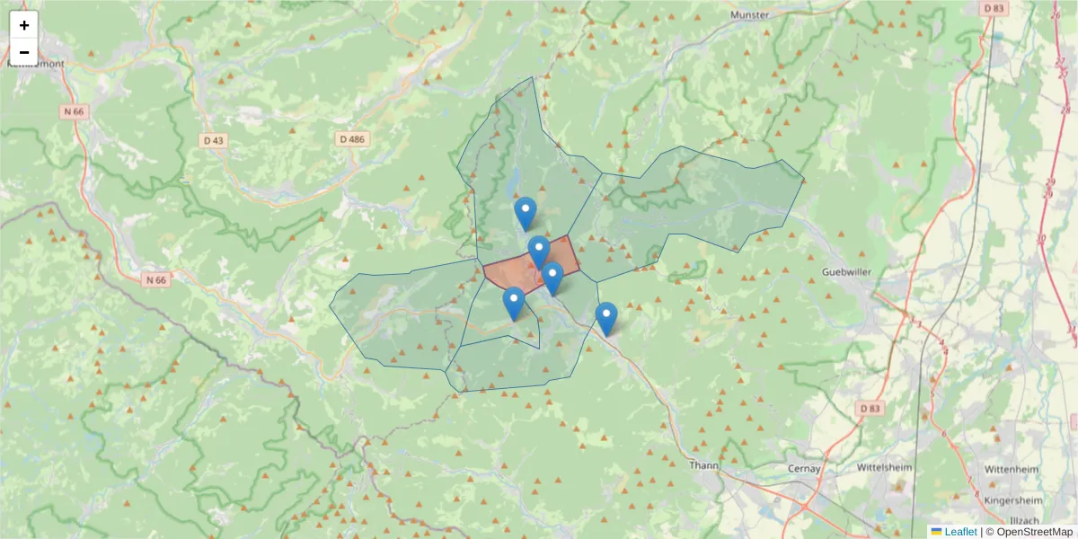 Carte de la zone du code postal  et des codes postaux voisins en France