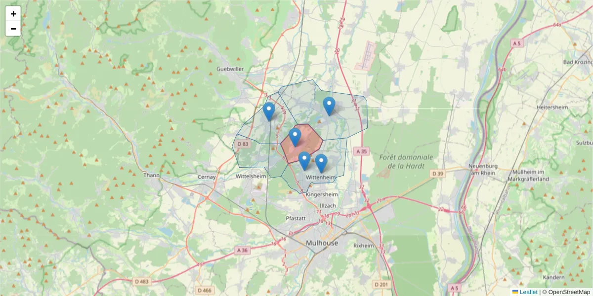 Carte de la zone du code postal  et des codes postaux voisins en France