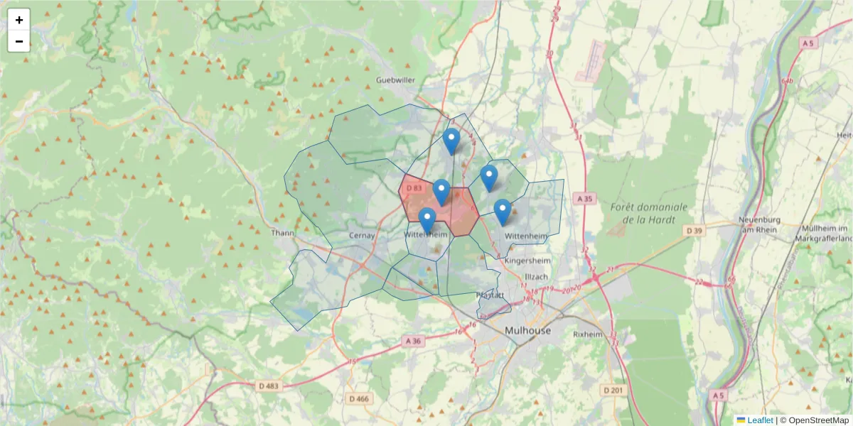 Carte de la zone du code postal  et des codes postaux voisins en France