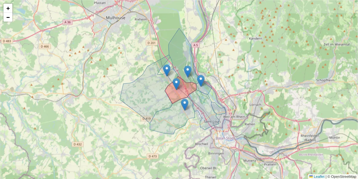 Carte de la zone du code postal  et des codes postaux voisins en France