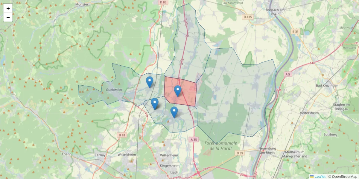 Carte de la zone du code postal  et des codes postaux voisins en France