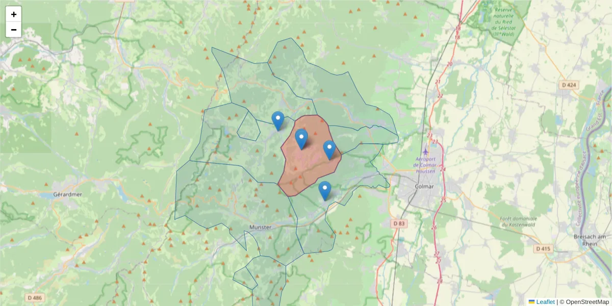Carte de la zone du code postal  et des codes postaux voisins en France
