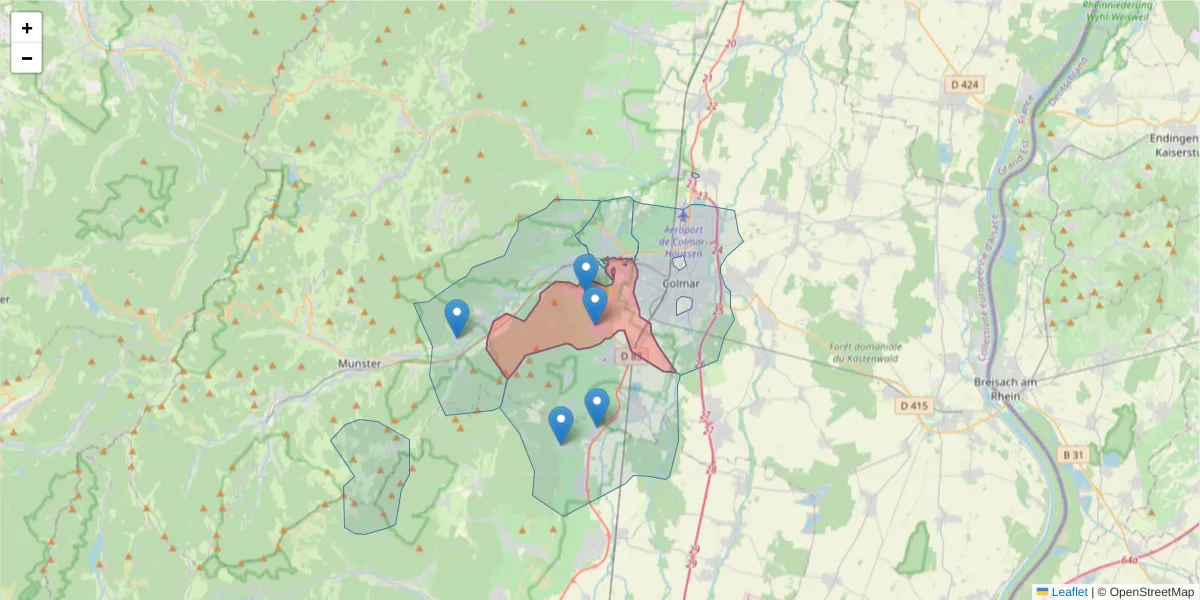 Carte de la zone du code postal  et des codes postaux voisins en France