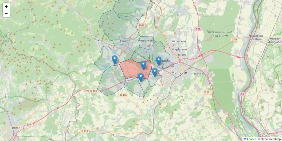 Carte de la zone du code postal  et des codes postaux voisins en France