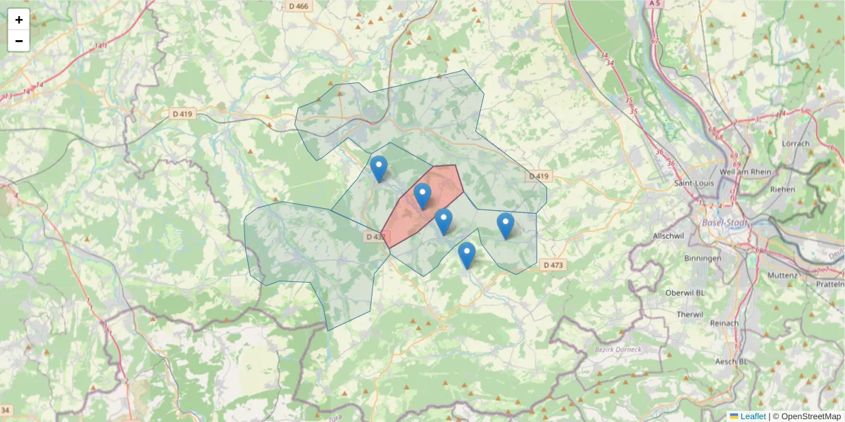 Carte de la zone du code postal  et des codes postaux voisins en France