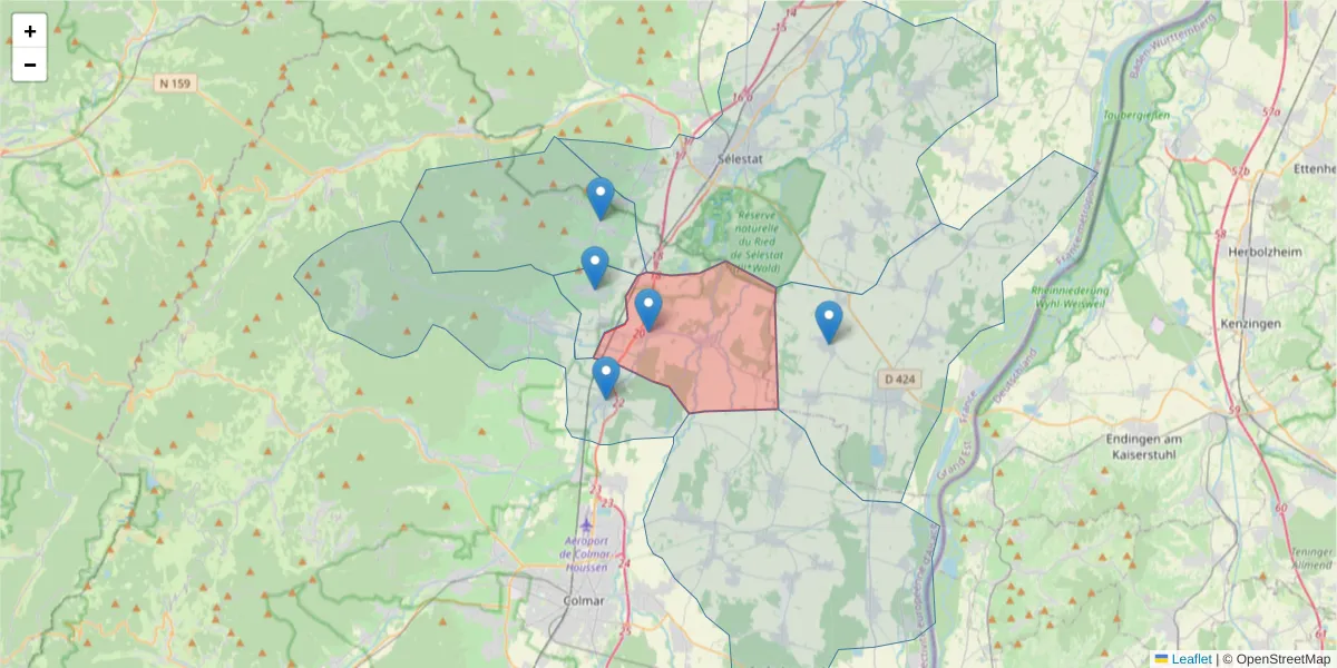 Carte de la zone du code postal  et des codes postaux voisins en France