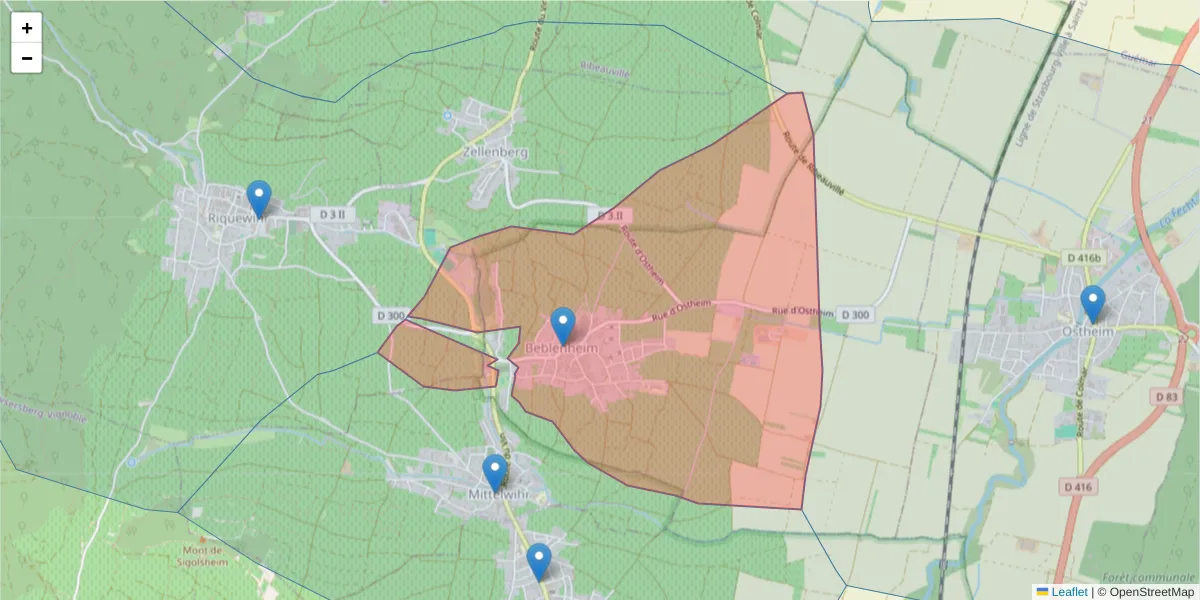 Carte de la zone du code postal  et des codes postaux voisins en France