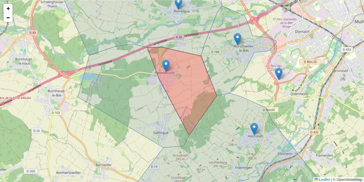 Carte de la zone du code postal  et des codes postaux voisins en France