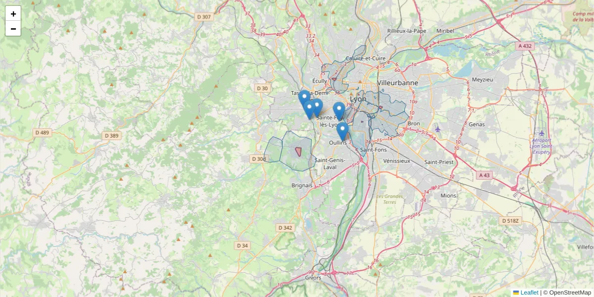 Carte de la zone du code postal  et des codes postaux voisins en France