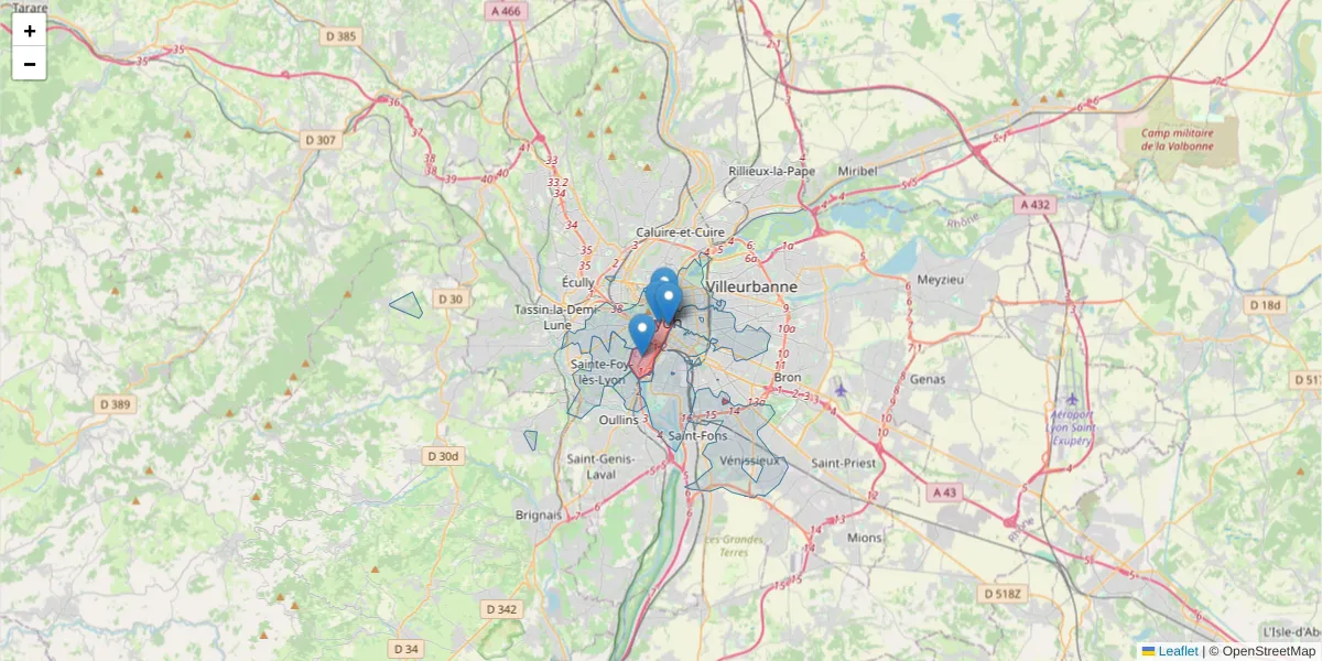 Carte de la zone du code postal  et des codes postaux voisins en France