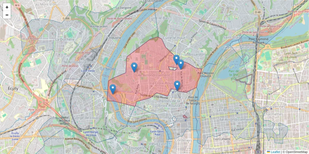 Carte de la zone du code postal  et des codes postaux voisins en France