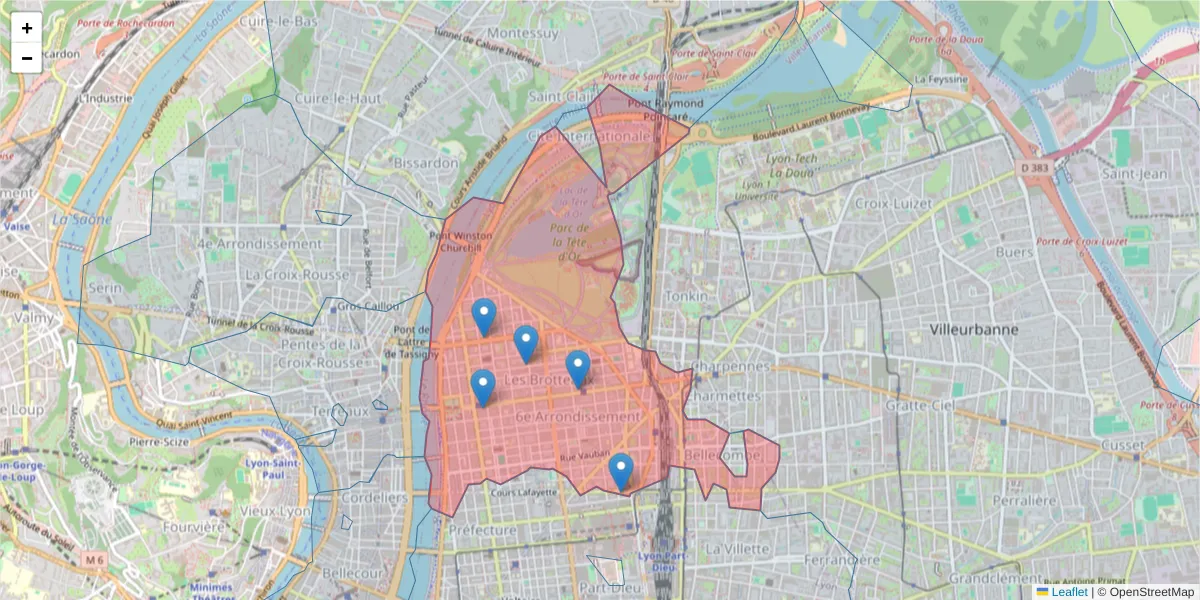Carte de la zone du code postal  et des codes postaux voisins en France