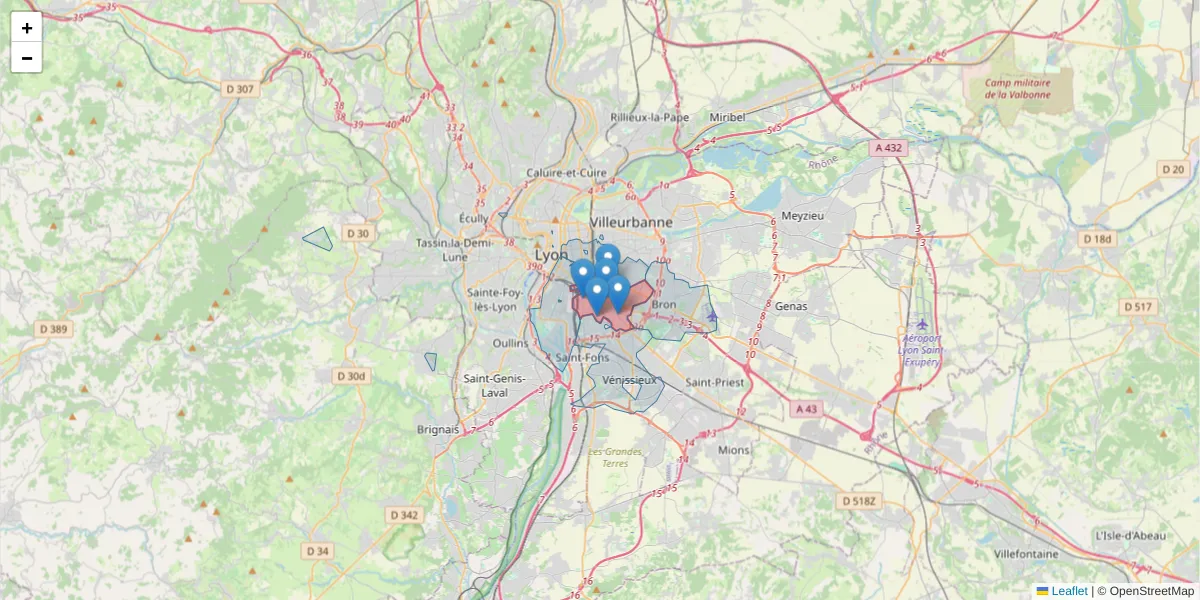 Carte de la zone du code postal  et des codes postaux voisins en France