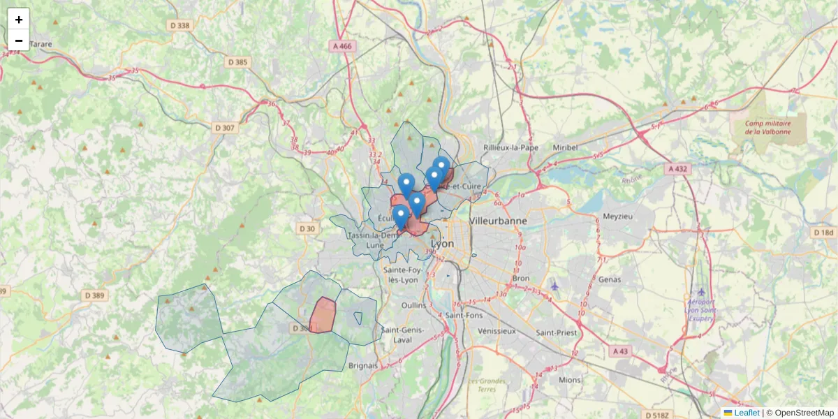 Carte de la zone du code postal  et des codes postaux voisins en France