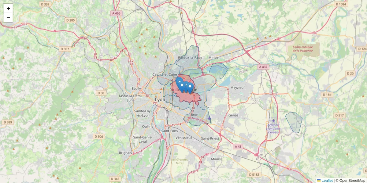 Carte de la zone du code postal  et des codes postaux voisins en France