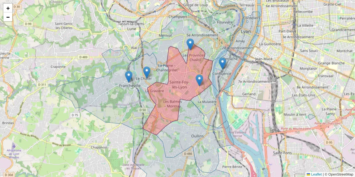 Carte de la zone du code postal  et des codes postaux voisins en France