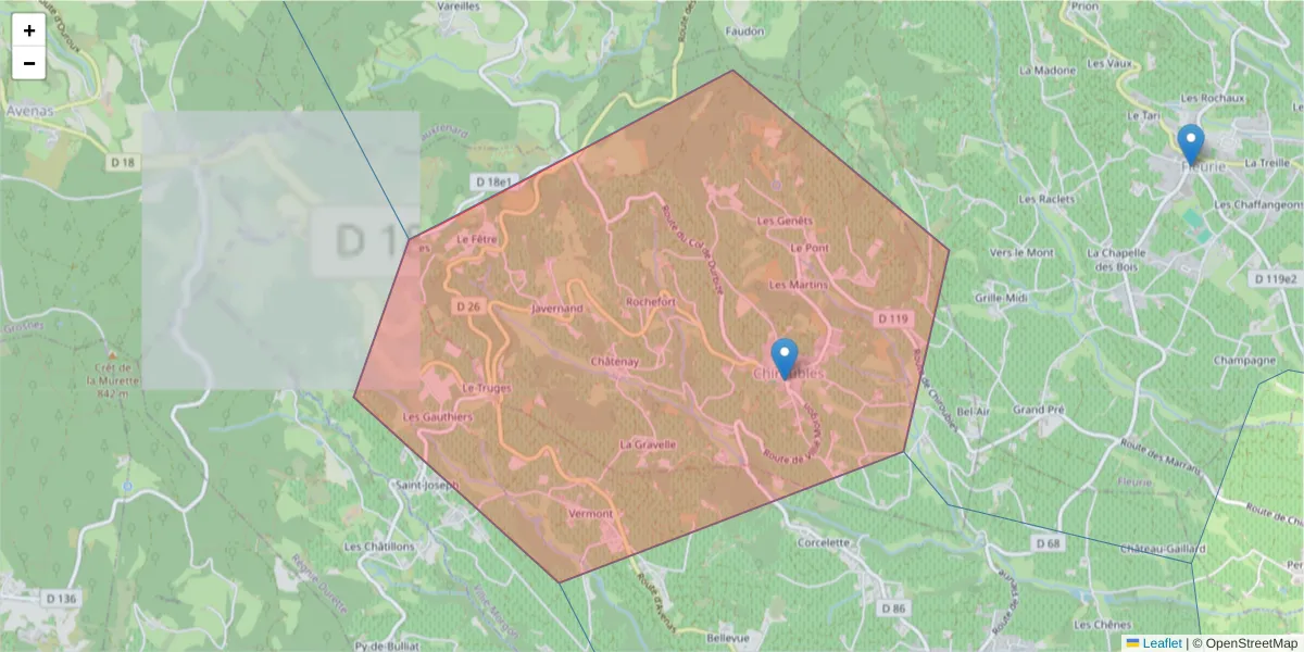 Carte de la zone du code postal  et des codes postaux voisins en France