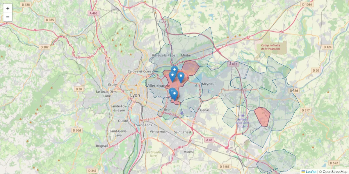 Carte de la zone du code postal  et des codes postaux voisins en France