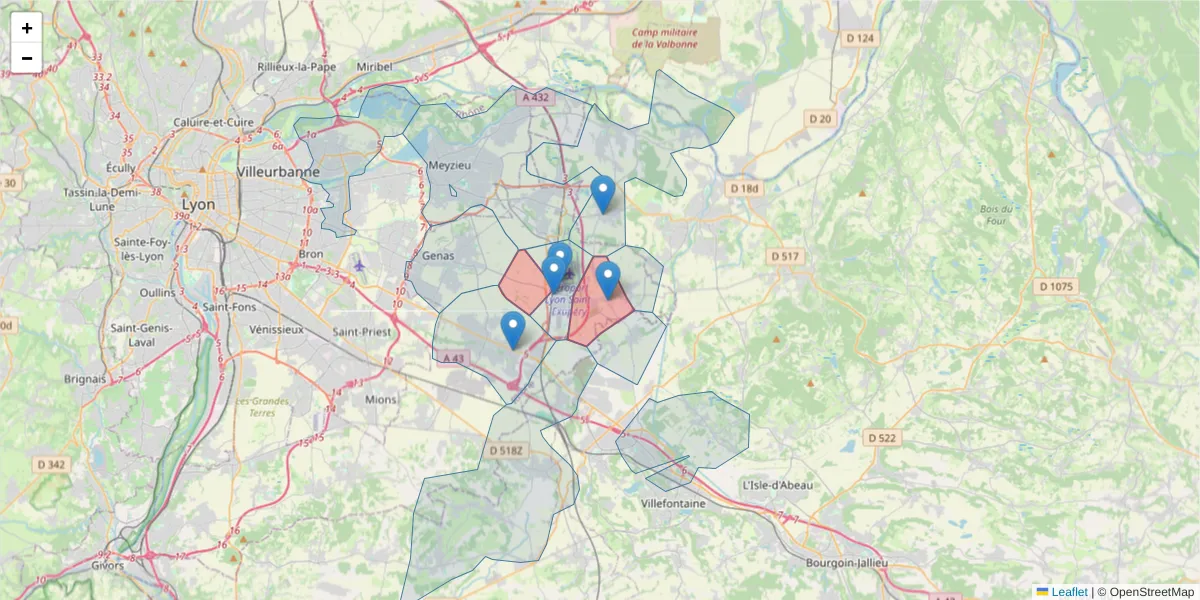Carte de la zone du code postal  et des codes postaux voisins en France