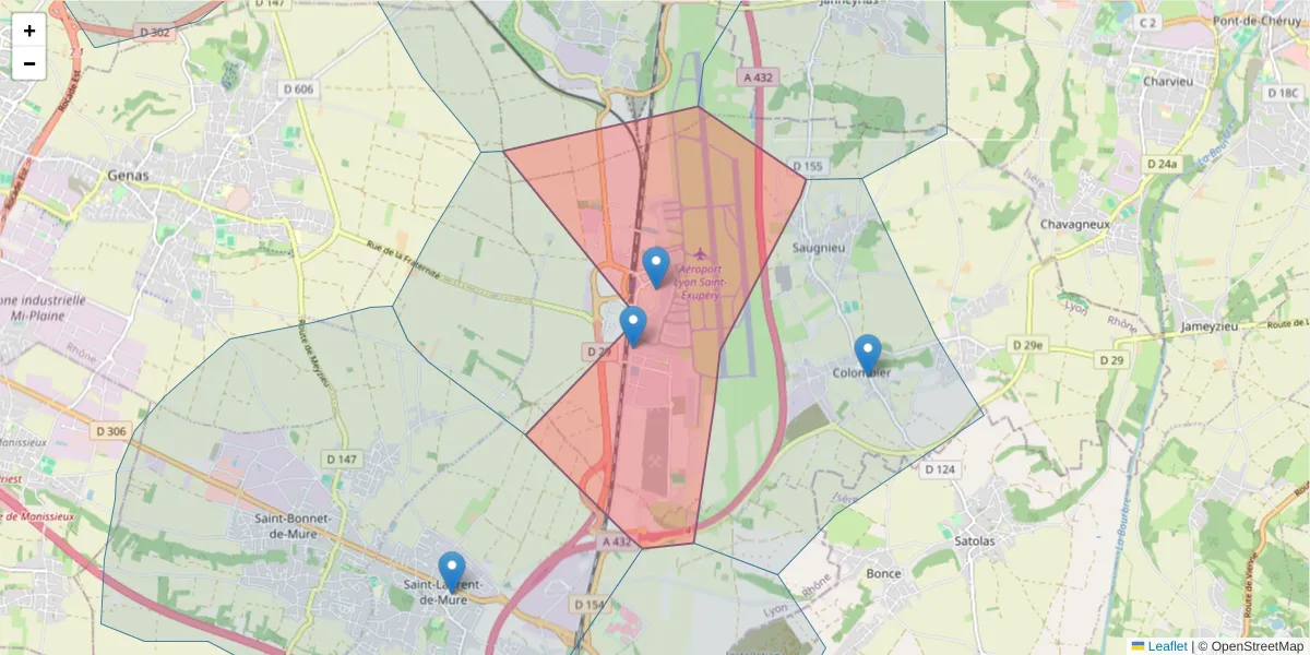 Carte de la zone du code postal  et des codes postaux voisins en France