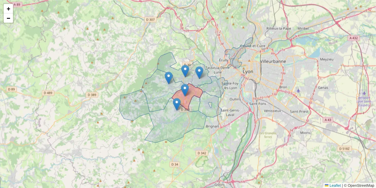 Carte de la zone du code postal  et des codes postaux voisins en France