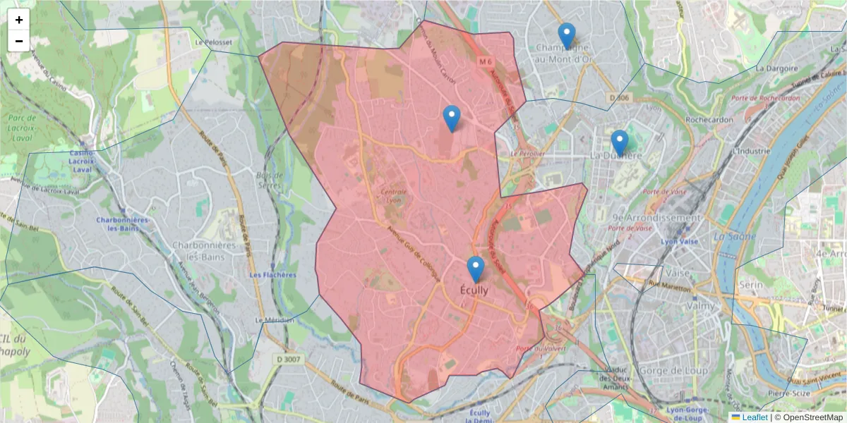 Carte de la zone du code postal  et des codes postaux voisins en France
