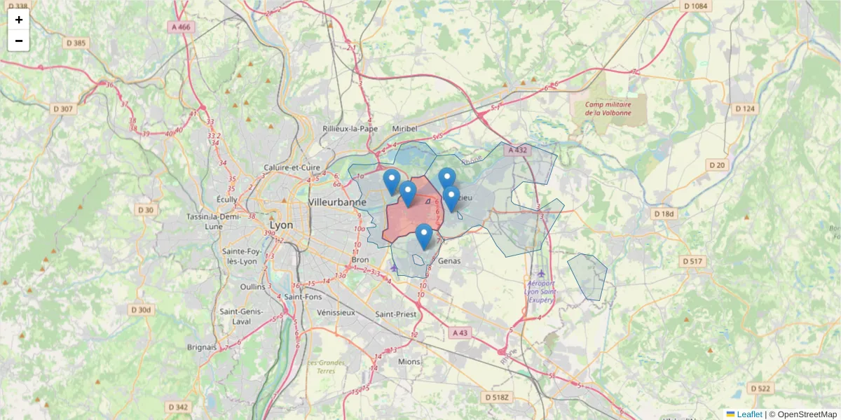 Carte de la zone du code postal  et des codes postaux voisins en France