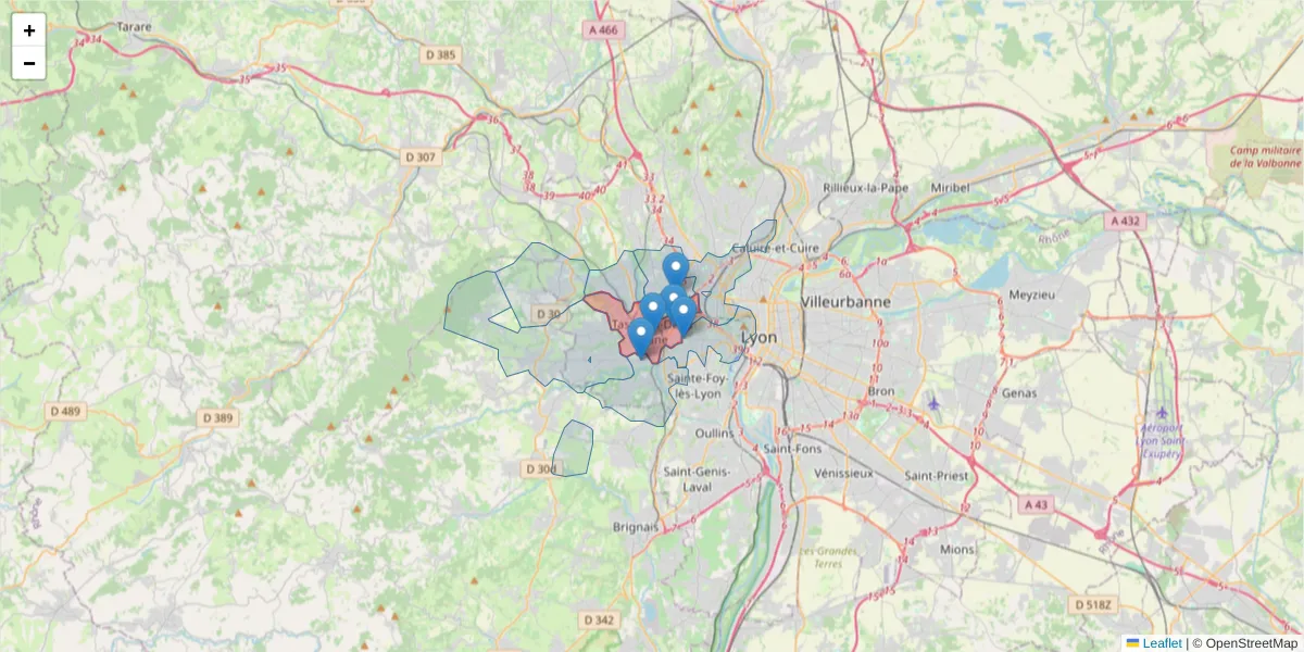 Carte de la zone du code postal  et des codes postaux voisins en France