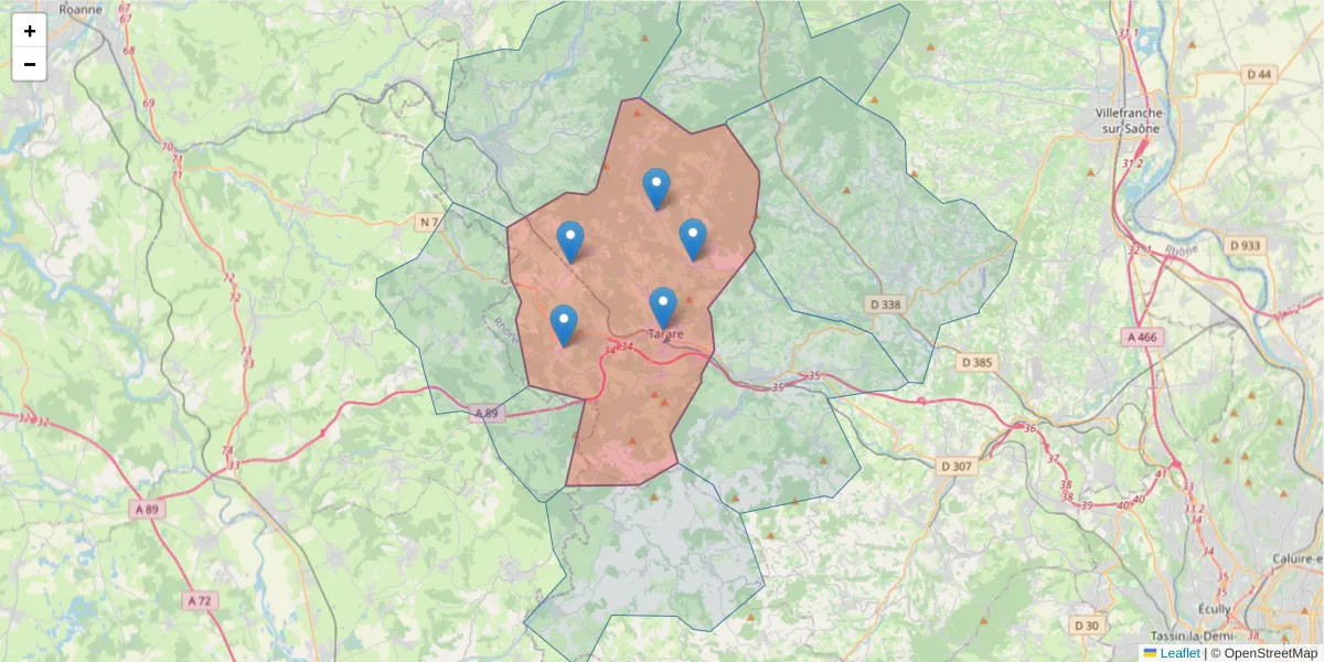 Carte de la zone du code postal  et des codes postaux voisins en France