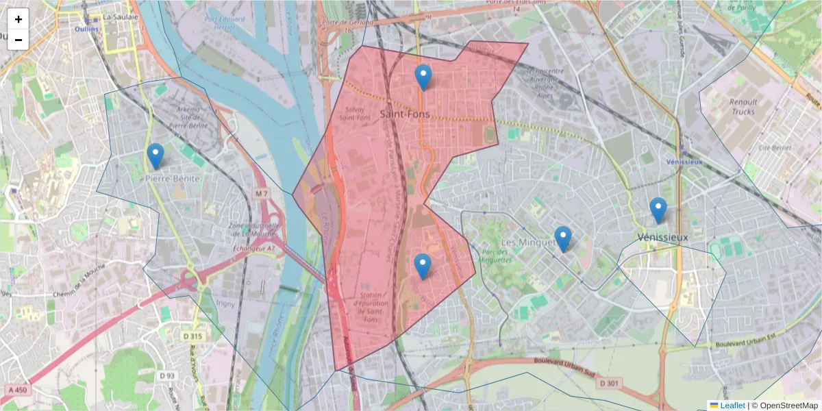 Carte de la zone du code postal  et des codes postaux voisins en France