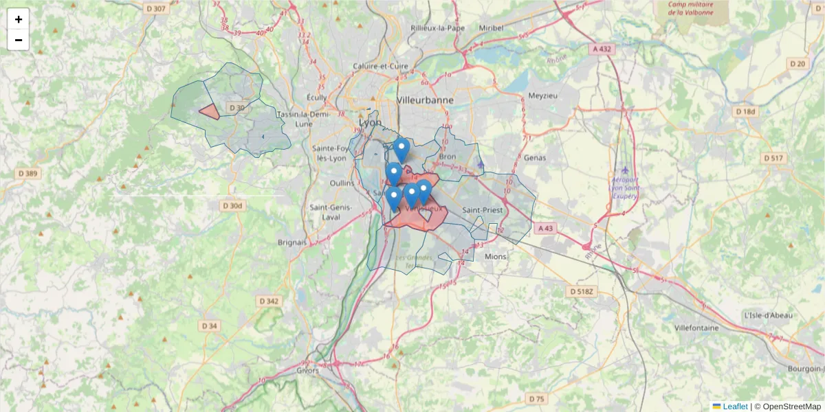 Carte de la zone du code postal  et des codes postaux voisins en France