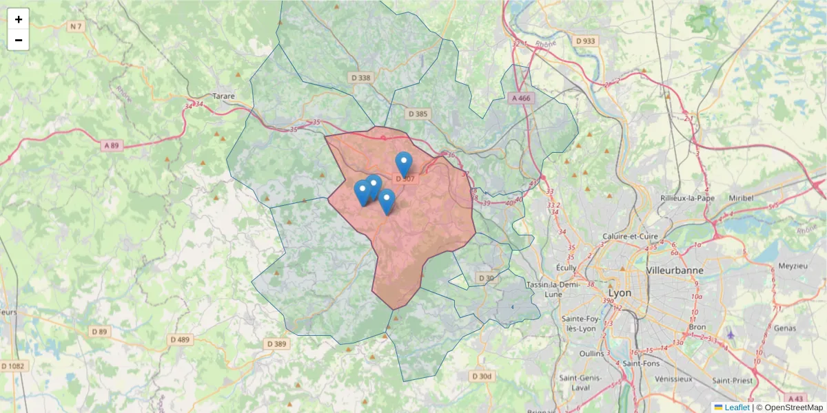 Carte de la zone du code postal  et des codes postaux voisins en France