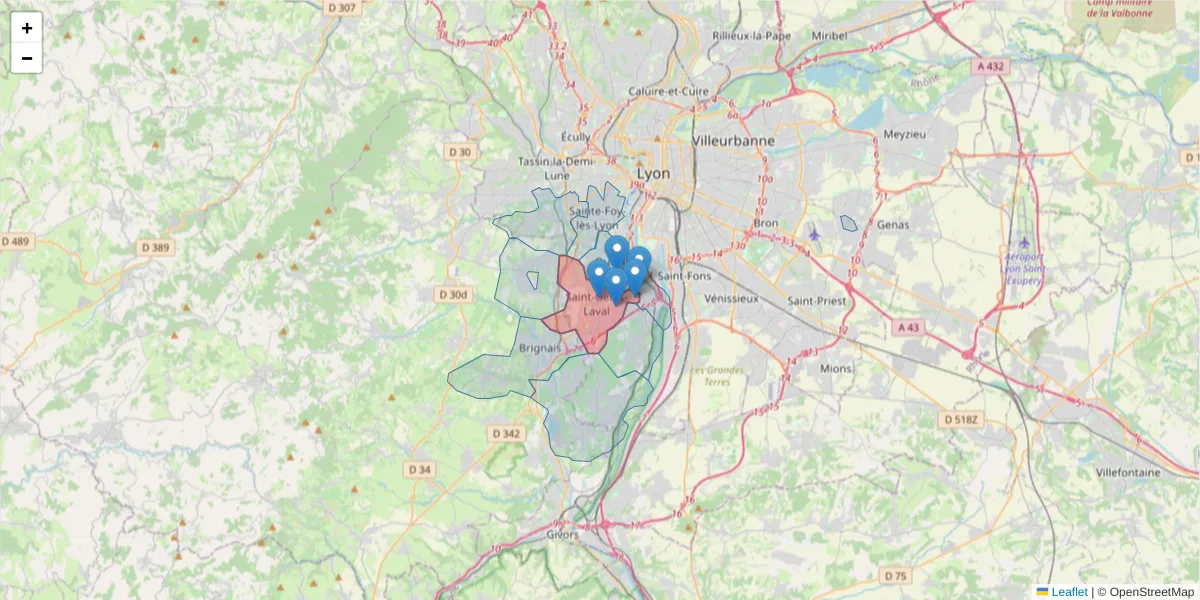 Carte de la zone du code postal  et des codes postaux voisins en France